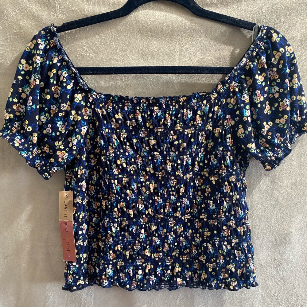 Floral Shirred Square Neck Short Sleeve Blouse Crop Tops
